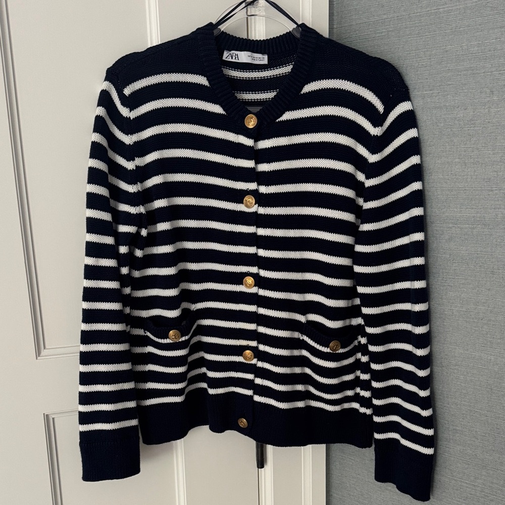 Zara navy and White Striped Cardigan with Gold Buttons